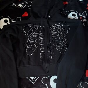 Black Rhinestone Skeleton Zip Hoodie Cropped